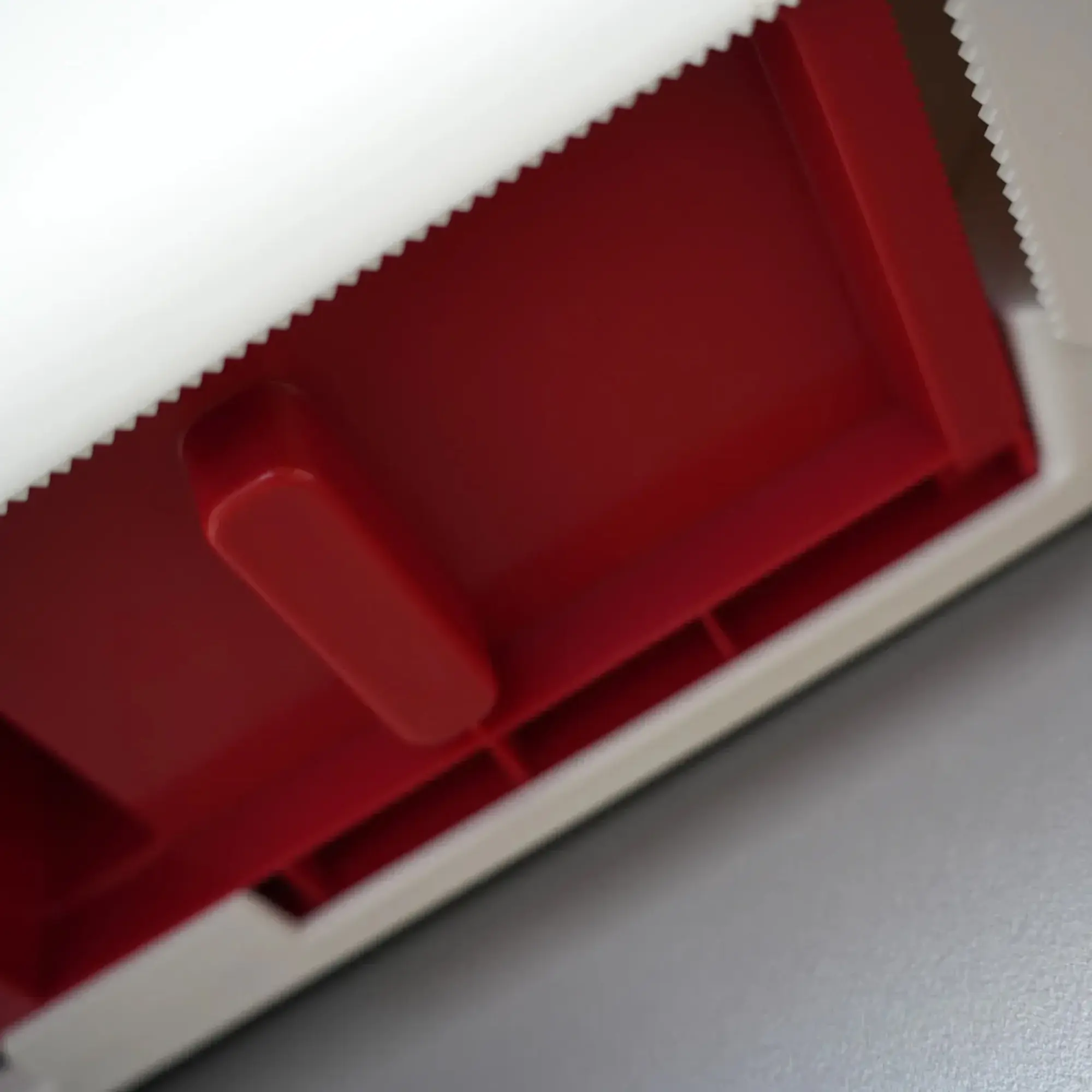 SEMYtop Maxi Jumbo Toilettenpapierspender für 2 Rollen bis Ø 23 cm, Detailansicht des roten Innenbereichs aus schlagfestem Kunststoff für hygienische Papierentnahme