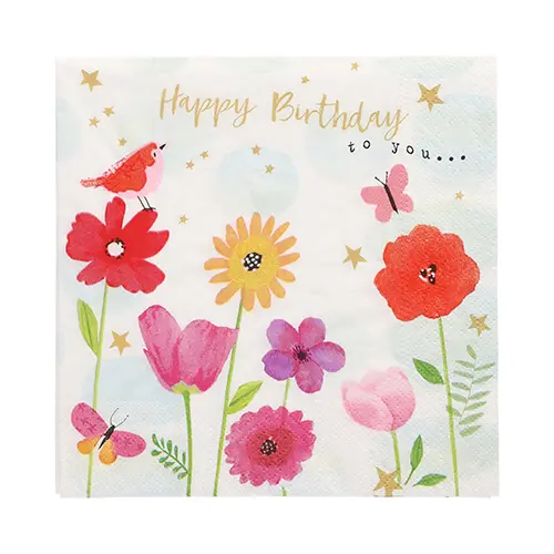PAPSTAR Servietten, 3-lagig 1/4-Falz 33 x 33 cm Birthday Flowers mit bunten Blumen, Vogel und Schmetterlingen sowie Happy-Birthday-Aufdruck, FSC-zertifiziert
