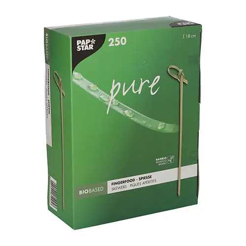 PAPSTAR Fingerfood-Picker pure 18 cm Knoten aus Bambus, 6 x 250 Stück in grüner Pappbox mit transparenter Haube, ideal für Fingerfood, Buffet und Party