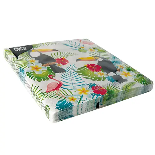 PAPSTAR Servietten, 3-lagig 1/4-Falz 40 x 40 cm Toucan mit tropischem Dschungel-Design, umweltfreundliche FSC-Tissue-Servietten im Pack