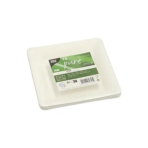 PAPSTAR Teller Zuckerrohr "pure" eckig 15,5 x 15,5 cm weiß, stabiles nachhaltiges Einweg-Geschirr aus Bagasse, 12 Teller je Packung