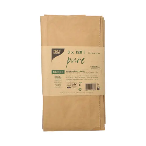 PAPSTAR 3 Kompostsäcke aus Papier "pure" 120 l 95 cm x 70 cm x 25 cm braun , 2-lagig