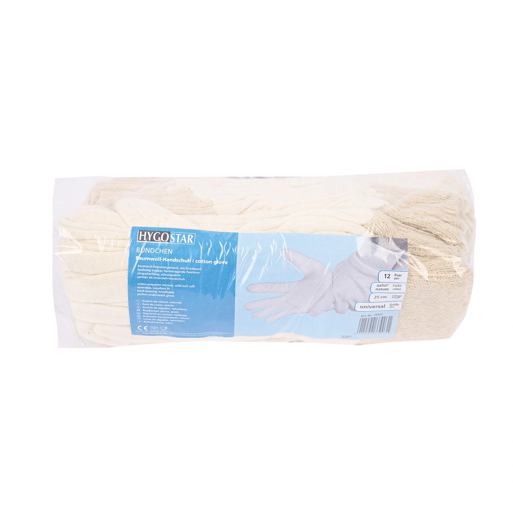 Hygostar Cuff Baumwollhandschuhe natur paarweise verpackt, VE 300 Paar