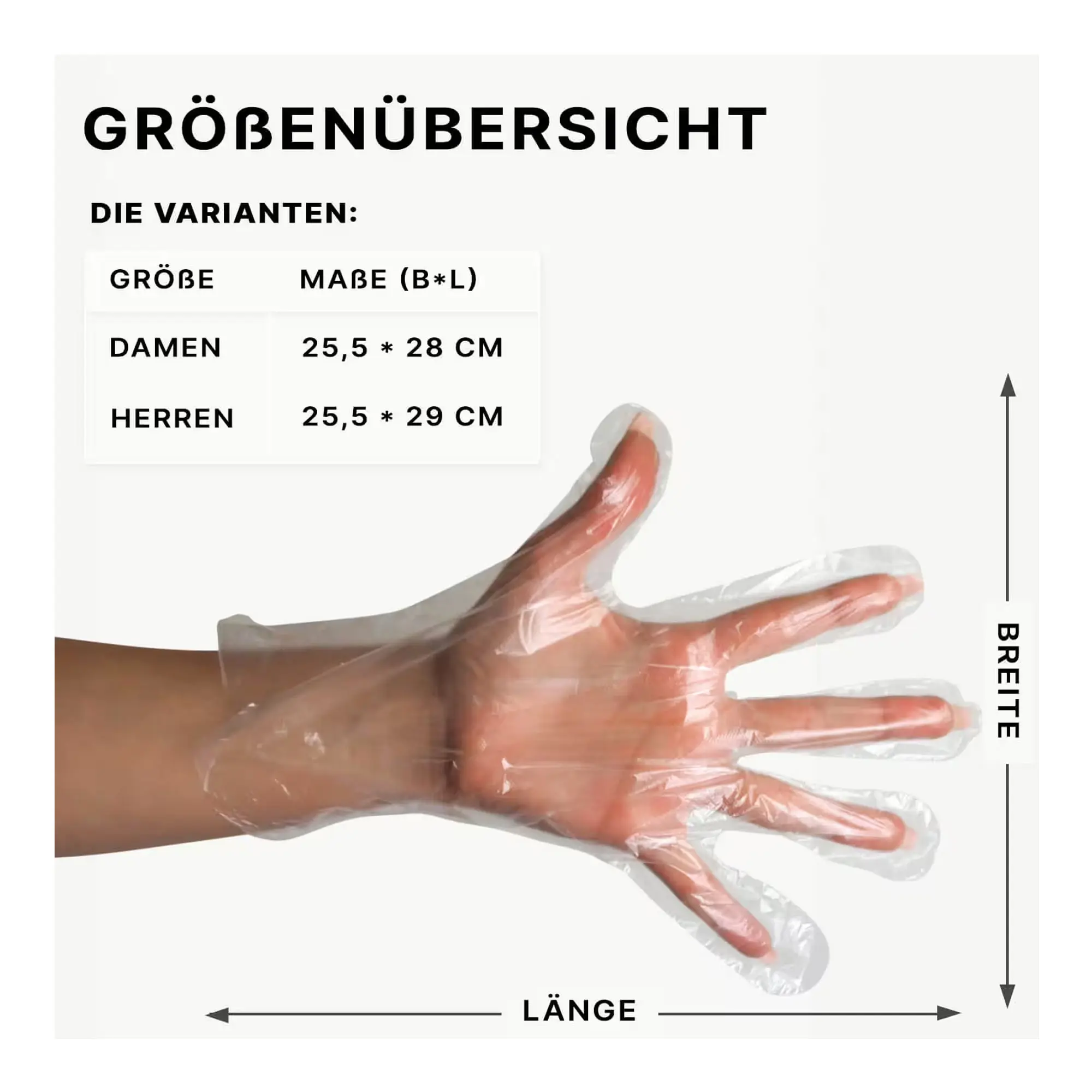 ARNOMED POLYGLOVE BOX PE-Einmalhandschuhe transparent, Größenübersicht mit Maßangaben für Damen 25,5×28 cm und Herren 25,5×29 cm, puderfrei und latexfrei