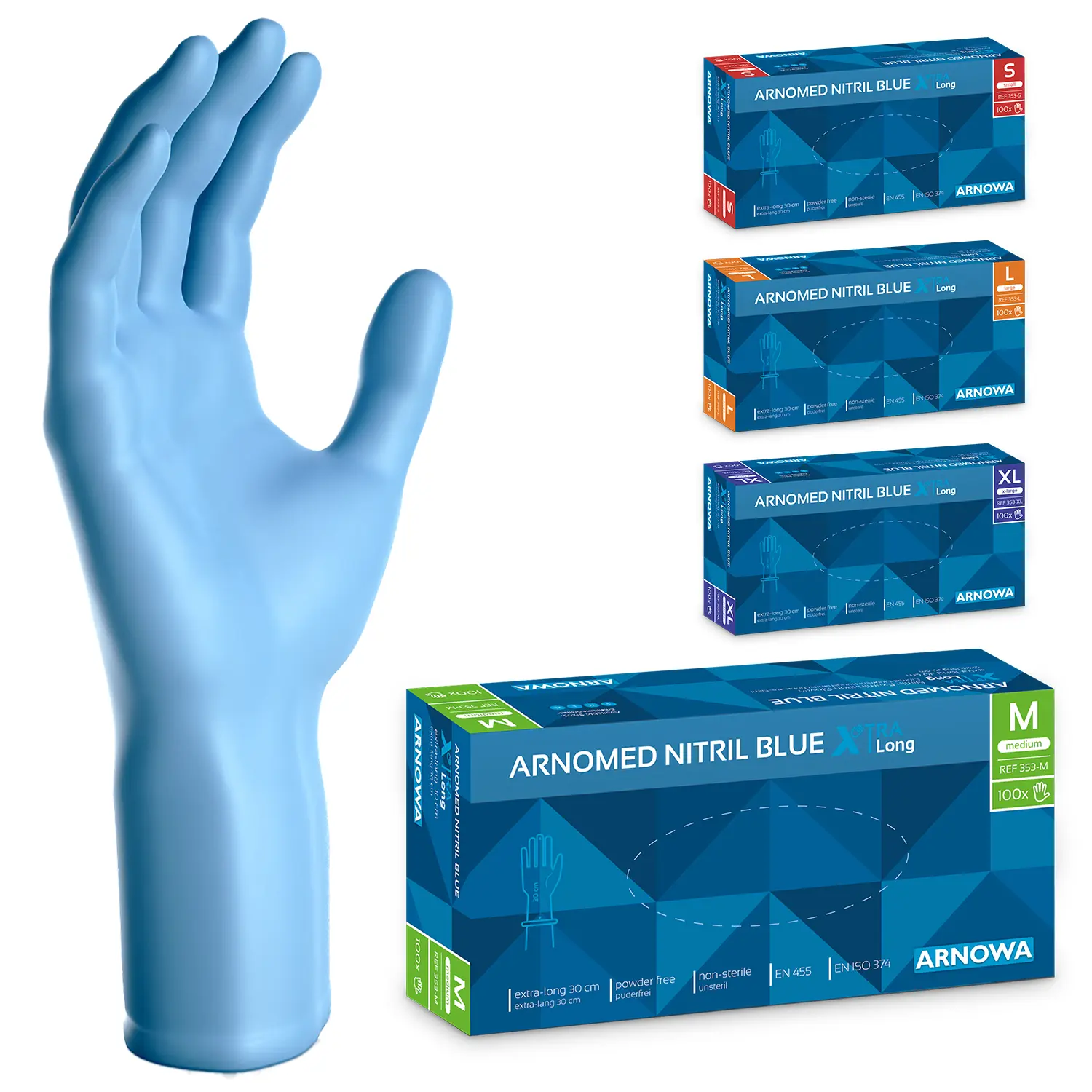 ARNOMED XTRA LONG NITRIL BLUE Nitrilhandschuhe blau puderfrei, VE 100 Stück von ARNOMED, extralange latexfreie Einmalhandschuhe für Medizin, Pflege und Labor