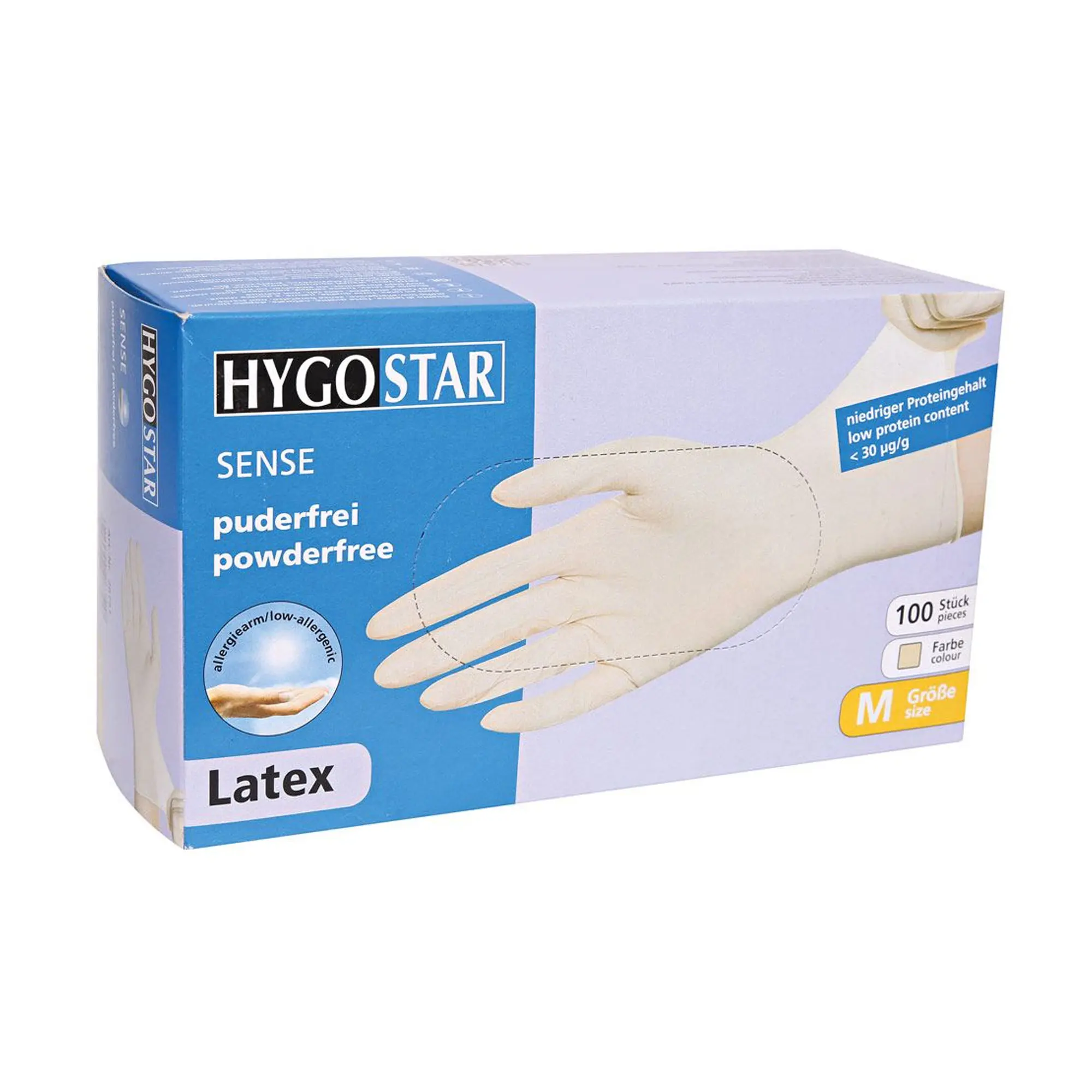 Hygostar Sense Latexhandschuhe naturweiß puderfrei, VE 1000 Stück – puderfreie Latex Einmalhandschuhe mit niedrigem Proteingehalt für Alten- und Krankenpflege, Hersteller Hygostar