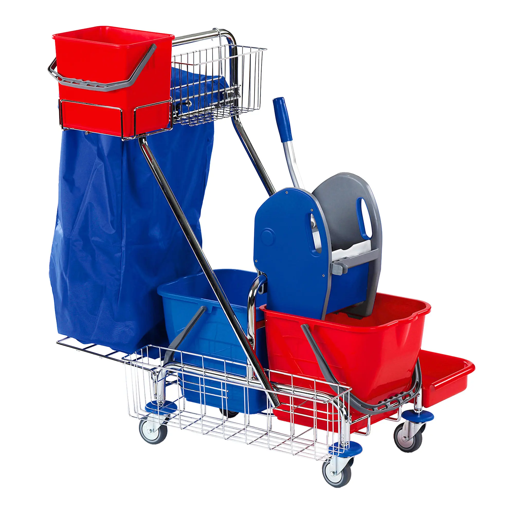 Floorstar SOLID DOFA 20 EXPERT Doppelfahrwagen 2 x 17 Liter mit Deichsel, verchromtem Rahmen, zwei Eimern, Mopppresse, Halterung für 70-Liter-Abfallsack und Ablagerost für professionelle Reinigung