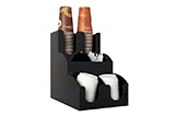 Becher- und Deckelspender schwarz mit mehreren Fächern für Kaffeebecher, Deckel und Rührstäbchen, kompakter Organizer für Theke und Kaffeestation, Artikelnummer 512