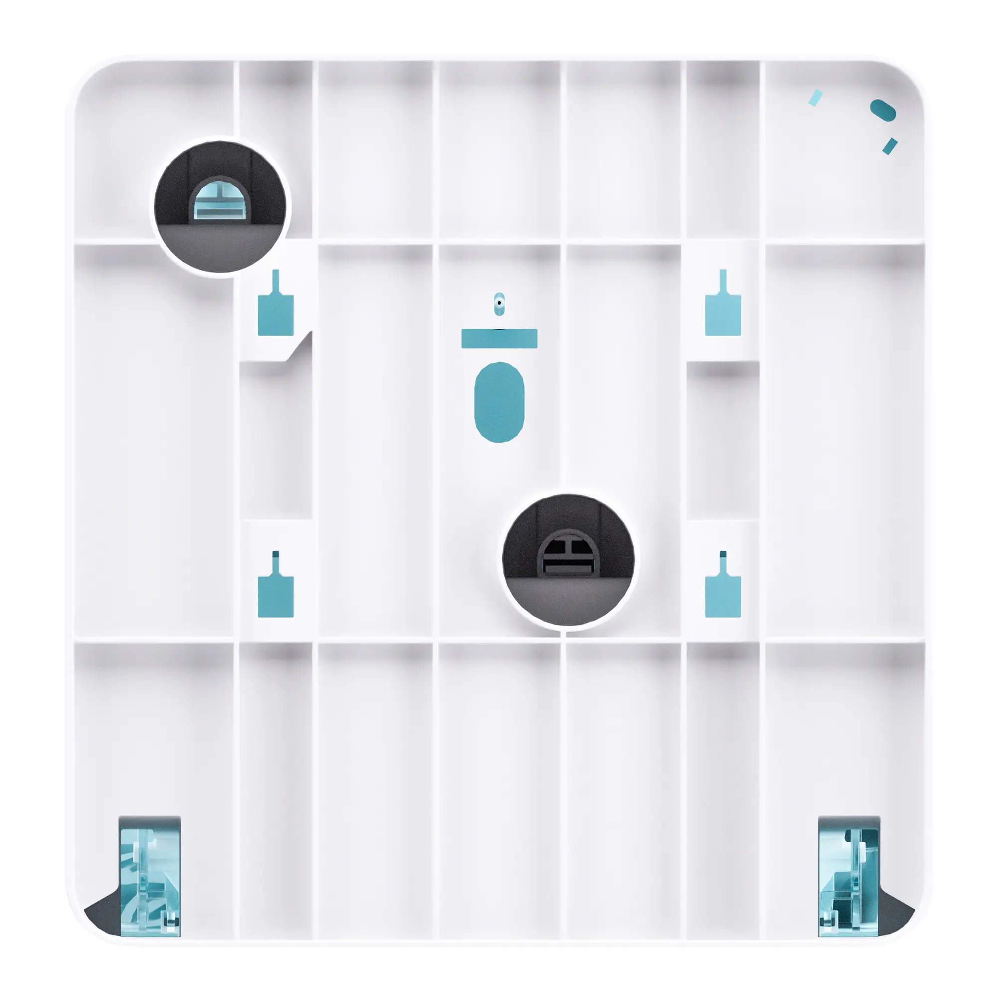 Satino by Wepa HYGINITY Toilettenpapierspender Midi-Jumbo L JT2, Innenansicht des weißen Gehäuses mit Halterungen und Führungselementen für eine Midi-Jumbo-Rolle des JT2-Systems