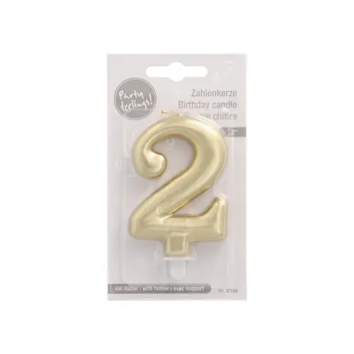 PAPSTAR Zahlenkerze mit Halter 7 cm gold "2", 7 cm hohe Geburtstagskerze aus Paraffin für Torten und Kuchen, Art.-Nr. 37156