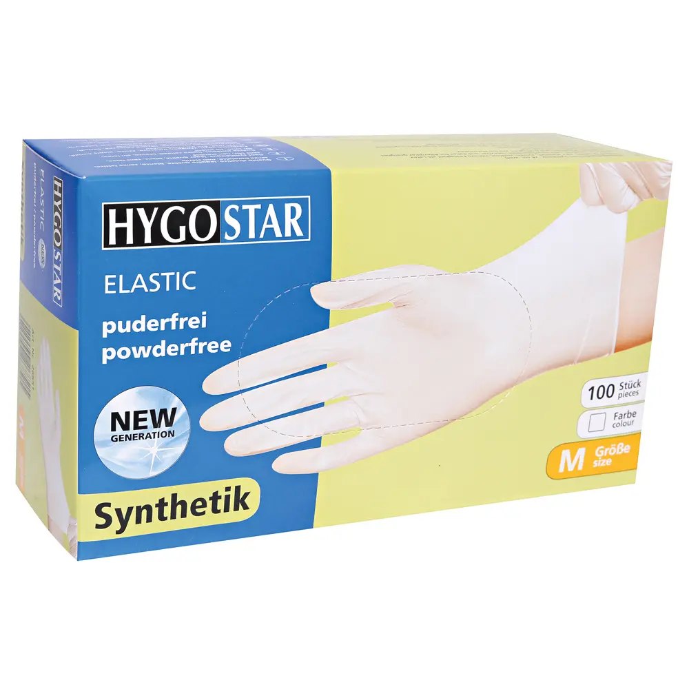 Hygostar Elastic Synthetikhandschuhe transparent puderfrei, latexfreie Einmalhandschuhe aus Synthetik, glatte Oberfläche, Größe M, VE 1000 Stück