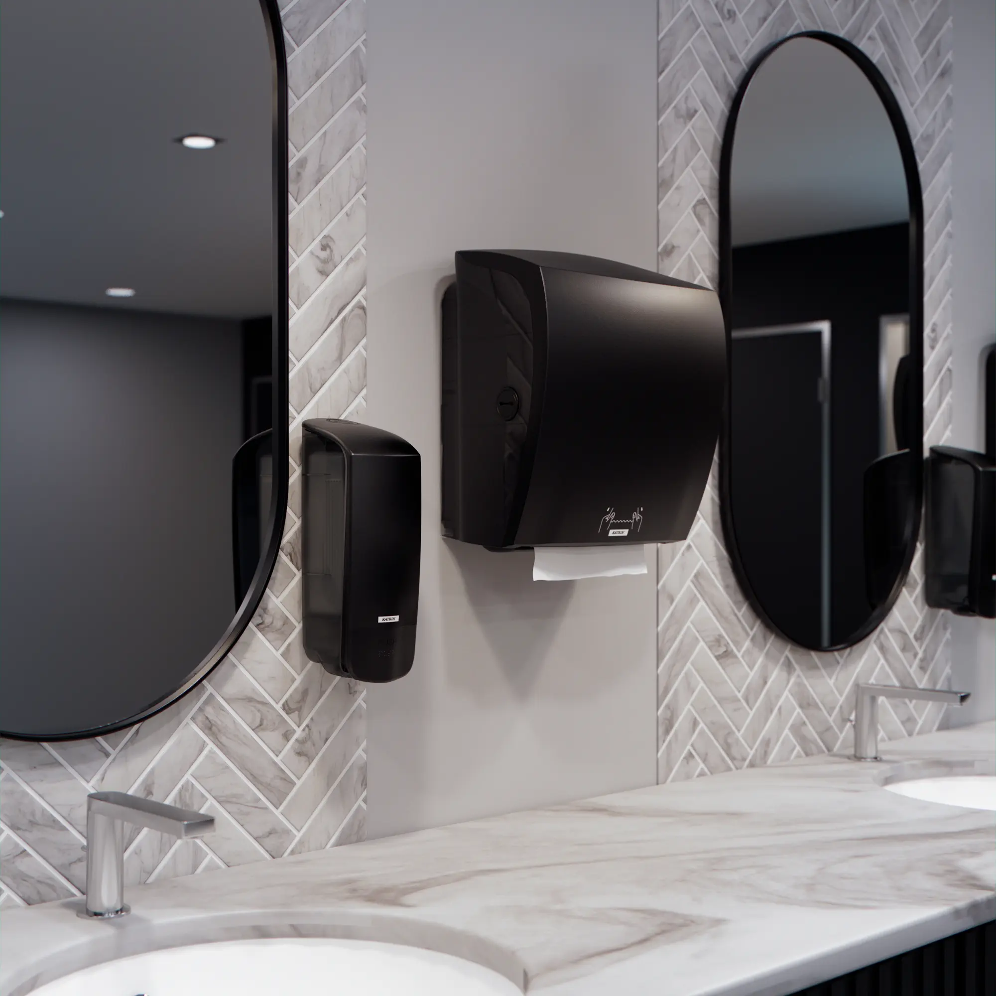 Katrin Seifenspender 1000 ml schwarz an der Wand eines modernen Waschraums, ergonomischer 3in1 Inclusive Seifencremespender für öffentliche Waschräume, Artikel 92209