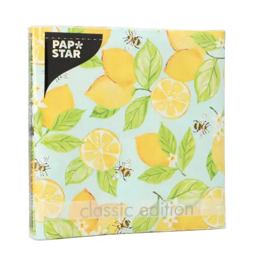 PAPSTAR Servietten, 3-lagig 1/4-Falz 33 x 33 cm "Lemon Grove" mit gelbem Zitronen-Dekor, grünen Blättern, Bienen, FSC-zertifiziert, umweltfreundliche Tissue-Servietten