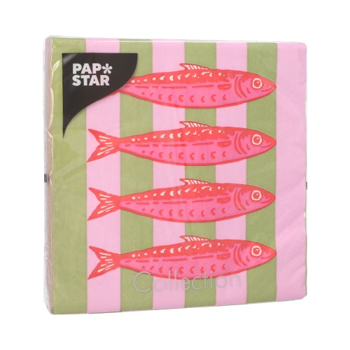 PAPSTAR Servietten, 3-lagig 1/4-Falz 33 cm x 33 cm "Modern Fish", 10 x 20 Stück