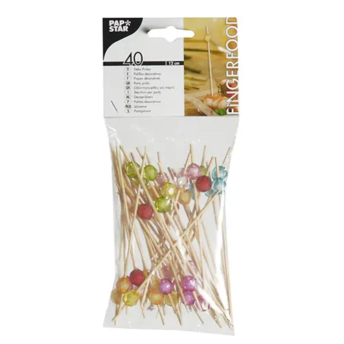 PAPSTAR Fingerfood-Picker 12 cm farbig sortiert Pearl, Bambusspieße mit bunten Perlen im Beutel, ideal für Fingerfood, Buffet und Party, 15 x 40 Stück