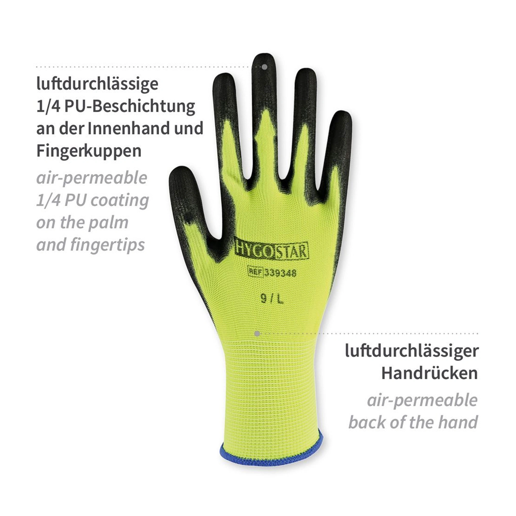 Hygostar Neon Ace Feinstrickhandschuhe mit Polyurethan-Beschichtung gelb, VE 120 Paar