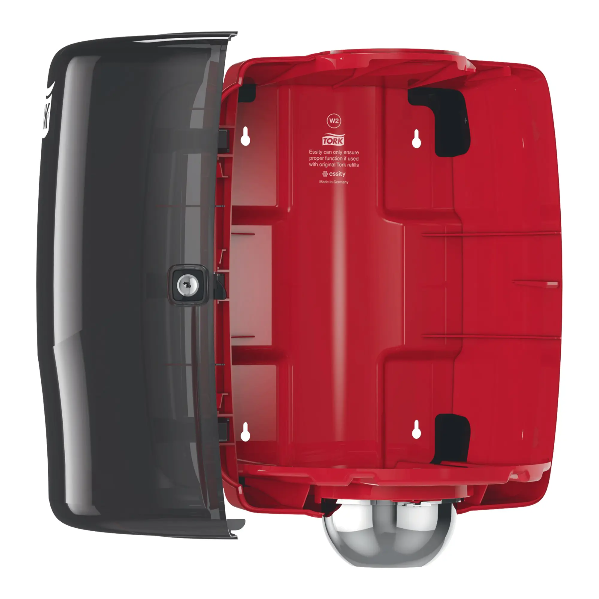 Tork Performance Maxi-Innenabrollungsspender W2 aus Kunststoff in Rot-Schwarz, Wandspender mit Schloss für W2-Centerfeed-Mehrzweckrollen, Artikelnr. 653000/653008