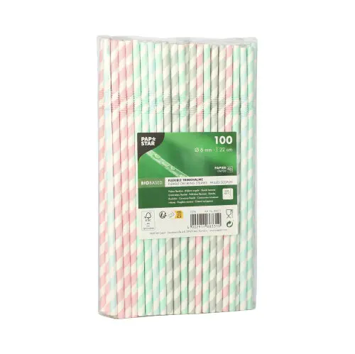 PAPSTAR Trinkhalme, Papier Ø 6 mm, 22 cm farbig sortiert "Stripes" flexibel, nachhaltige Papierstrohhalme für Cocktails, Limonaden und Partys
