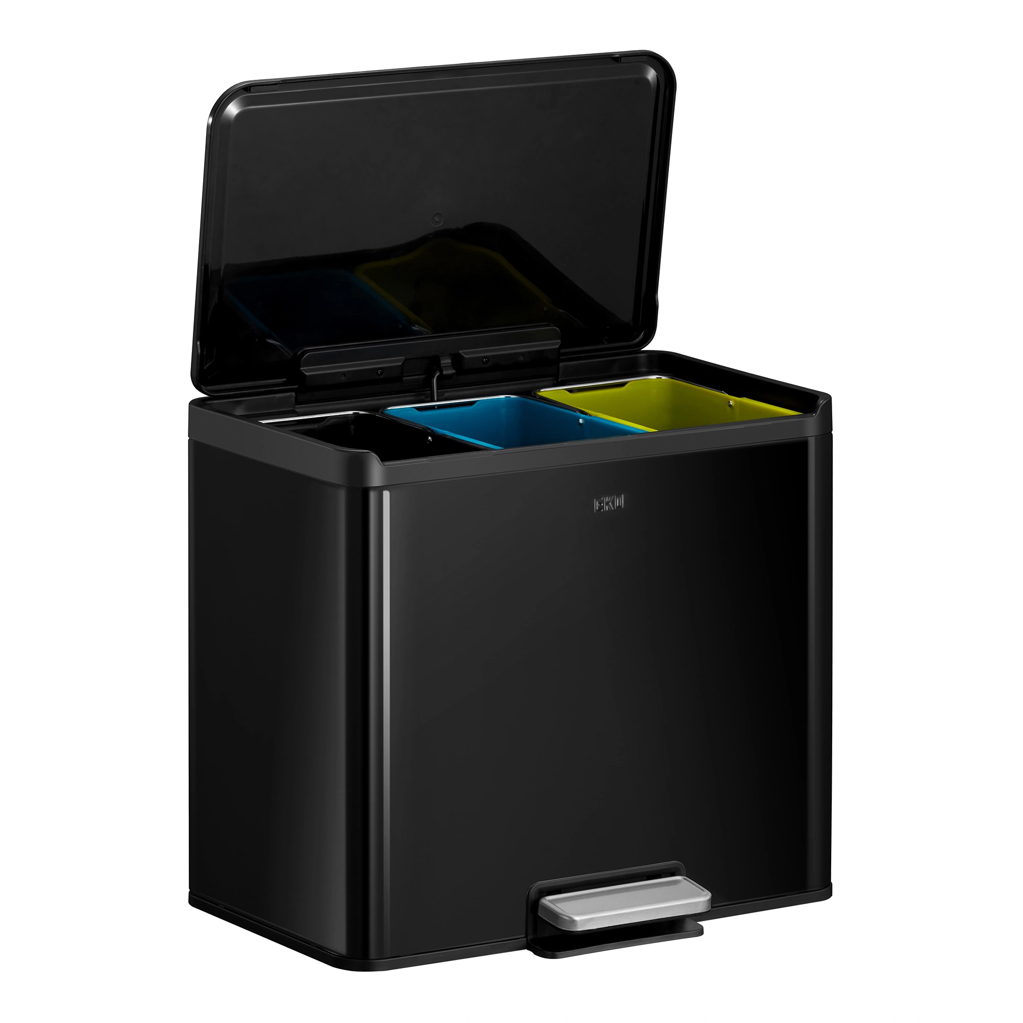 EKO Essential 2 Recycler Treteimer 3 x 9 Liter Edelstahl mit Pedal, schwarzer Mülleimer mit drei farbigen Inneneimern und Soft-Close-Klappdeckel für Mülltrennung, Art.-Nr. 838024