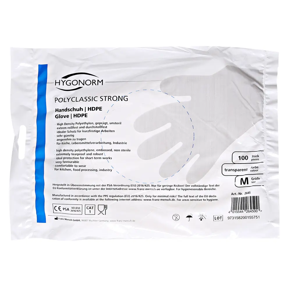 Hygonorm Polyclassic Strong HDPE-Handschuhe transparent im Beutel, puderfreie, latexfreie Einweghandschuhe aus HDPE für hygienische Kurzzeitarbeiten in Medizin, Labor und Lebensmittelverarbeitung, Art.-Nr. 2645