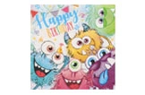 Servietten Happy Birthday Monsterparty mit bunten Monstern und Wimpelgirlanden für Kindergeburtstag