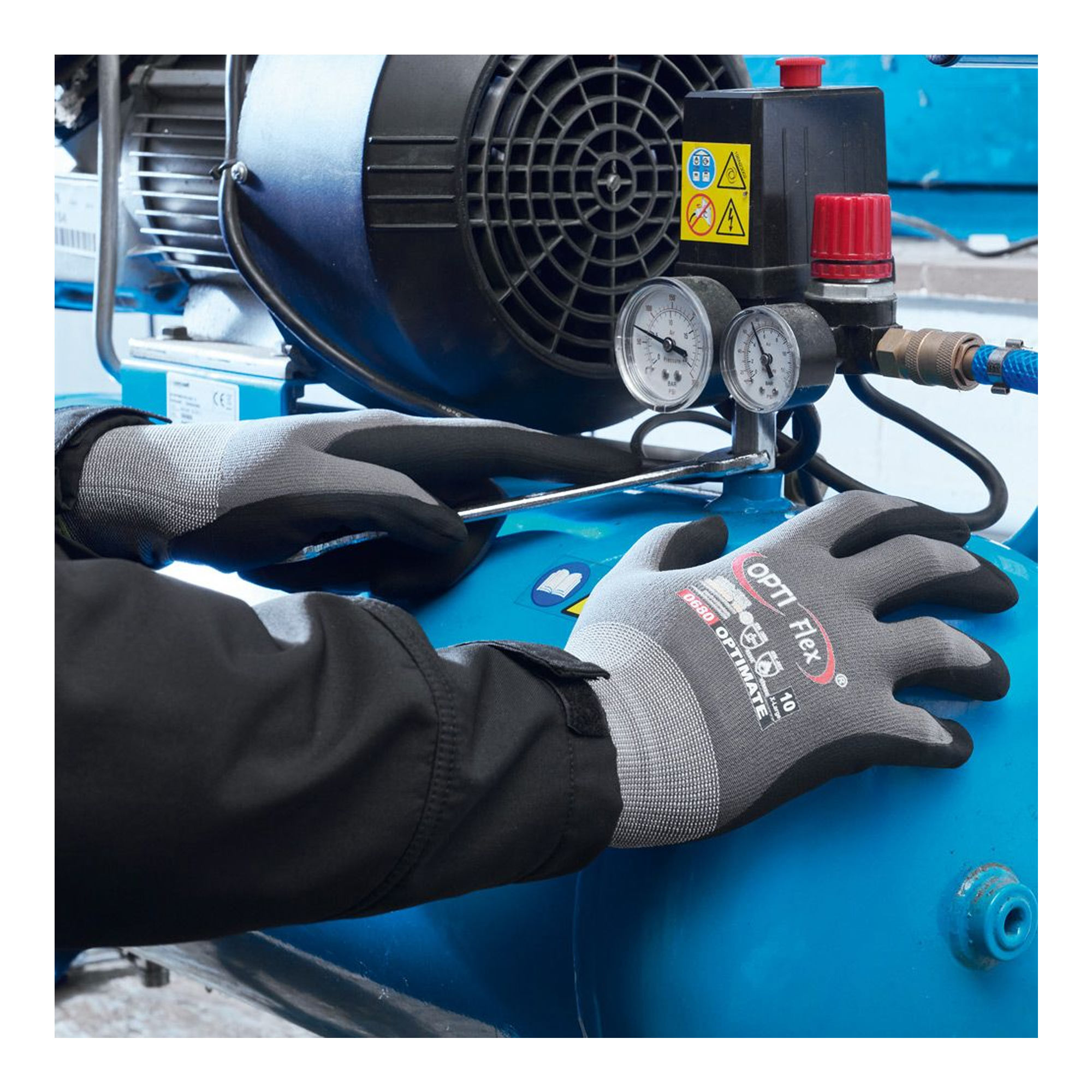 Optiflex Optimate 0680 Feinstrickhandschuhe mit Nitrilschaum und PU-Beschichtung grau/schwarz, VE 144 Paar