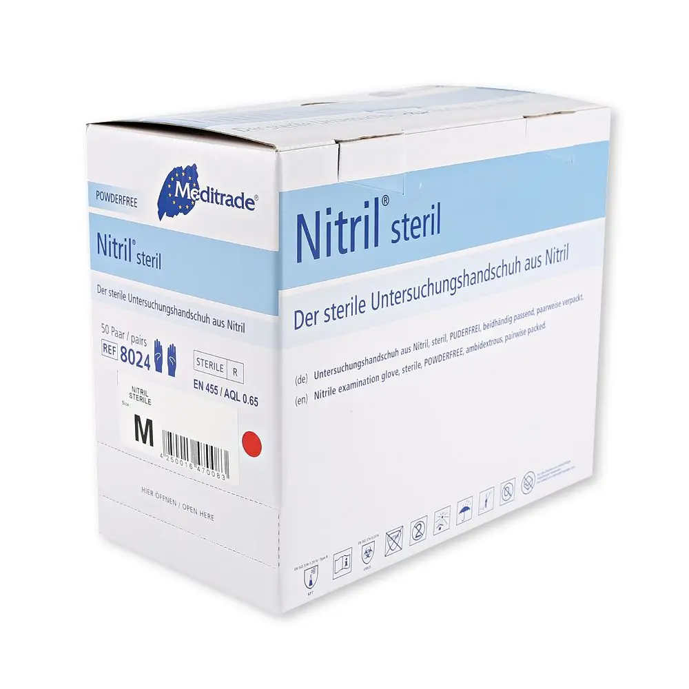 Meditrade Nitril steril Untersuchungshandschuhe blau puderfrei, VE 200 Paar, sterile puderfreie Nitrilhandschuhe für medizinische Untersuchungen und Labor, REF 8024