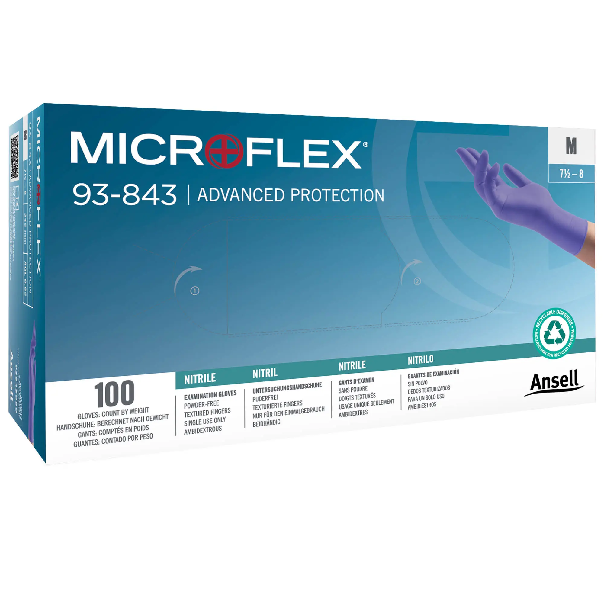 Ansell Microflex 93-843 Nitrilhandschuhe blauviolett puderfrei, robuste Nitril-Einmalhandschuhe für professionelle Anwendungen in Medizin, Pflege und Wartung, Größe M, Artikelnummer 93-843