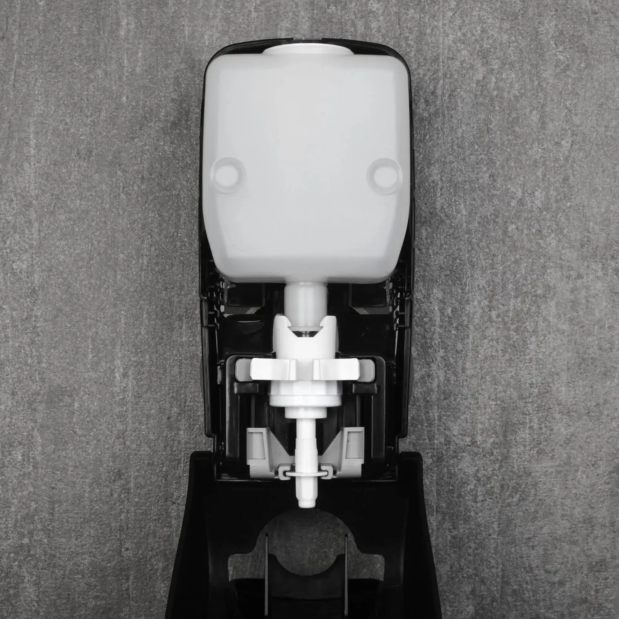 SEMYtop Desinfektionsmittelspender 500 ml Kunststoff, geöffnet mit sichtbarem nachfüllbarem Behälter und Pumpmechanismus der Black & White Linie für Sanitär- und Waschbereiche