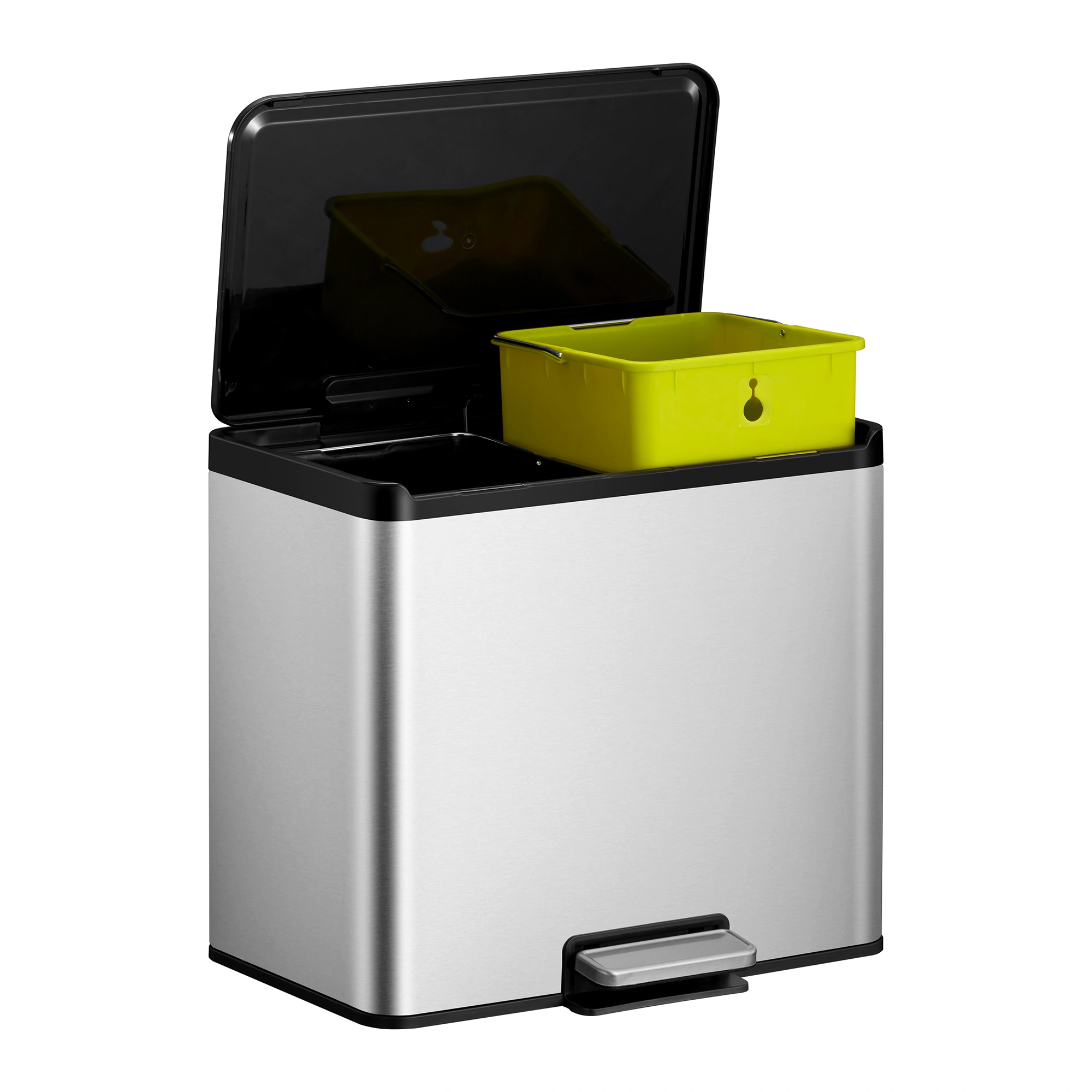 EKO Essential 2 Recycler Treteimer 2 x 15 Liter aus Edelstahl mit Pedal, geöffnetem Soft-Close-Klappdeckel und herausnehmbarem Inneneimer, Artikelnummer 31184682