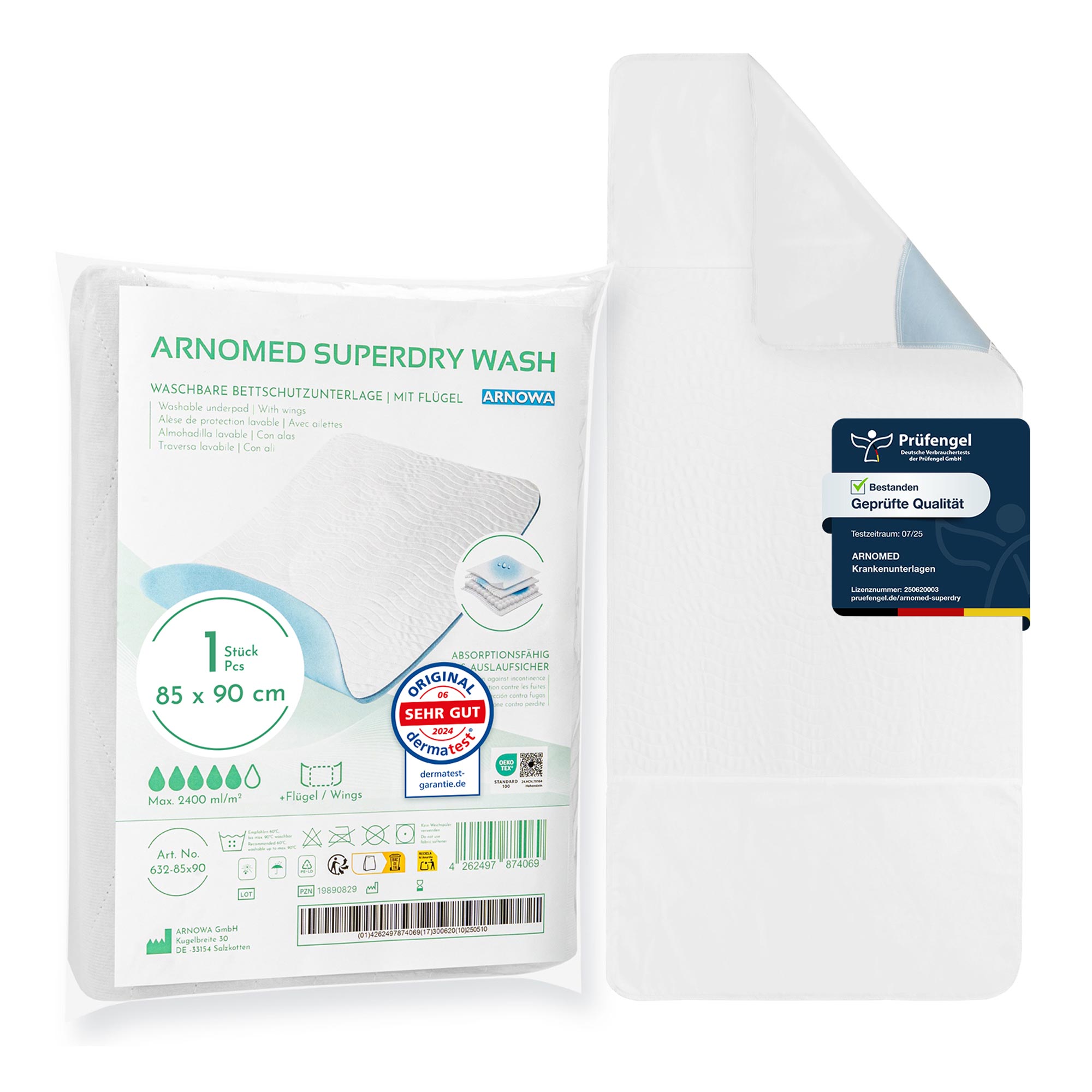 ARNOMED SUPERDRY WASH Waschbare Bettschutzunterlage mit Flügeln, 85 x 90 cm, 1 Stück