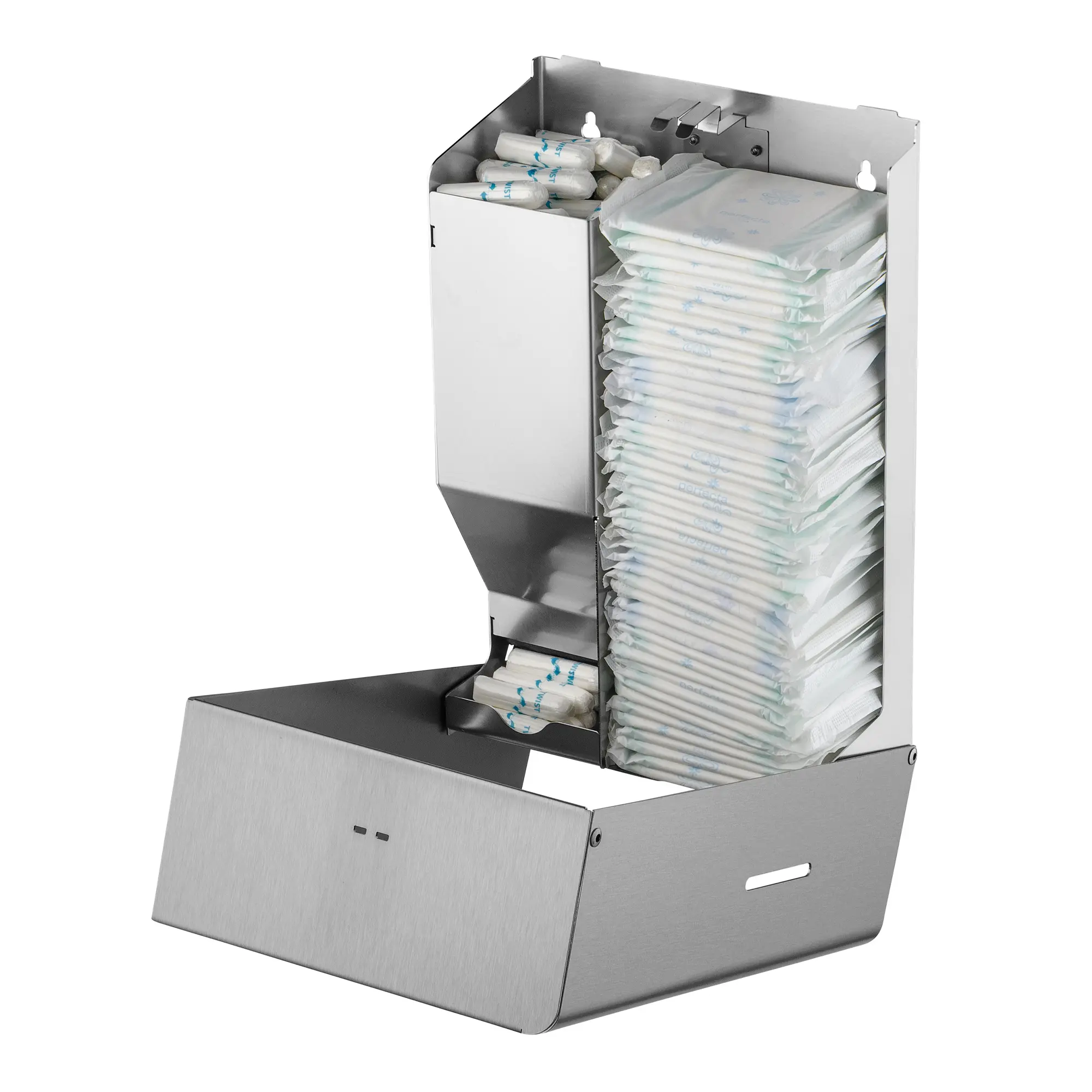MediQo-line Tampon- und Bindenspender klein aus Edelstahl für ca. 150 Tampons und 40 Binden mit Sichtschlitzen und Ausgaben, MQSTB P