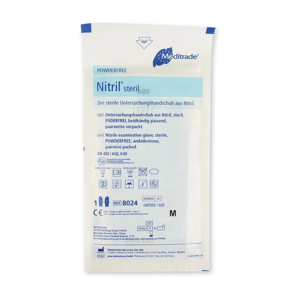 Meditrade Nitril steril Untersuchungshandschuhe blau puderfrei, VE 200 Paar, sterile Nitrilhandschuhe für medizinische und Labor-Einsatzbereiche, REF 8024