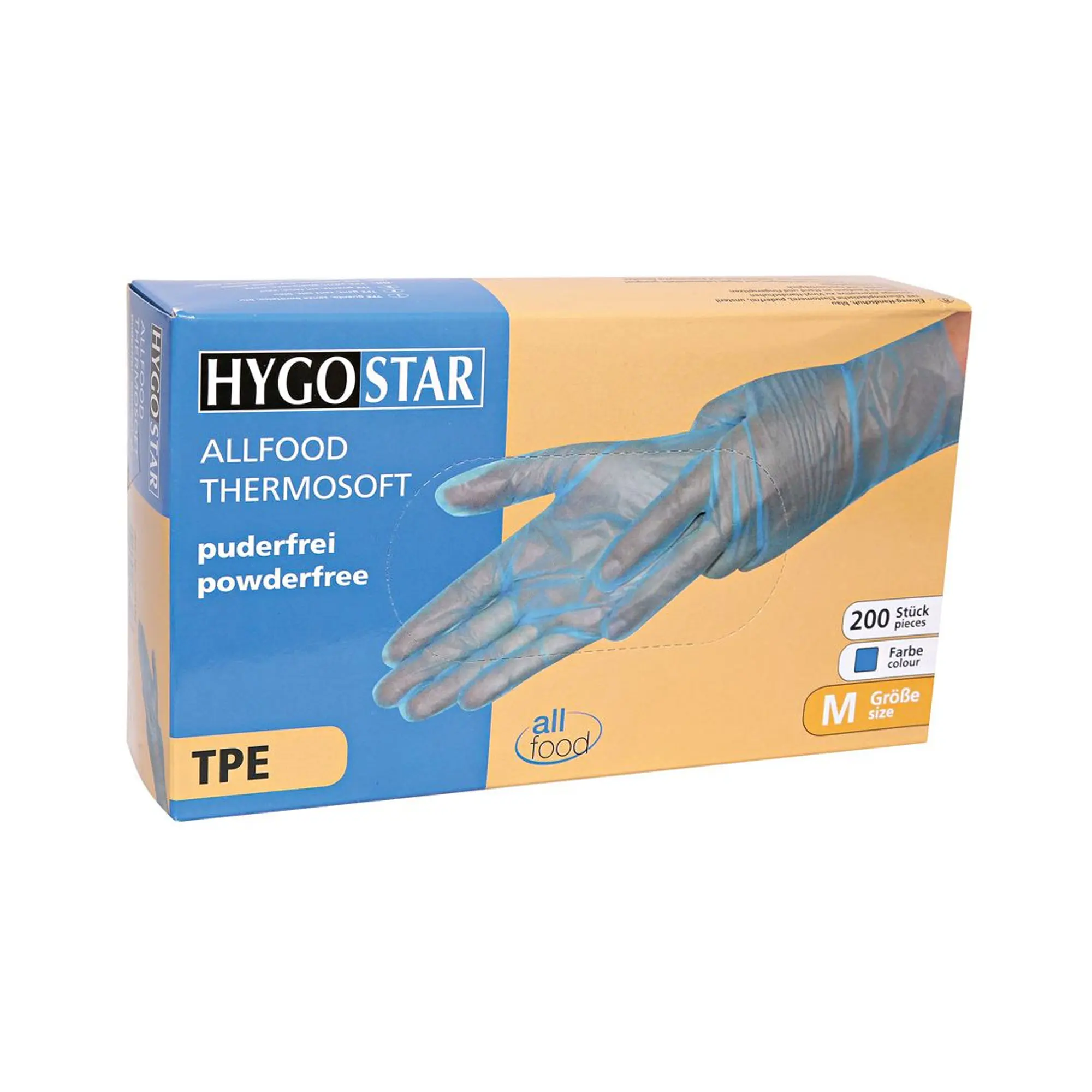 Hygostar Allfood Thermosoft TPE-Handschuhe blau, puderfrei, Einmalhandschuhe aus weichem TPE für Lebensmittelindustrie, Medizin und Labor, VE 2000 Stück