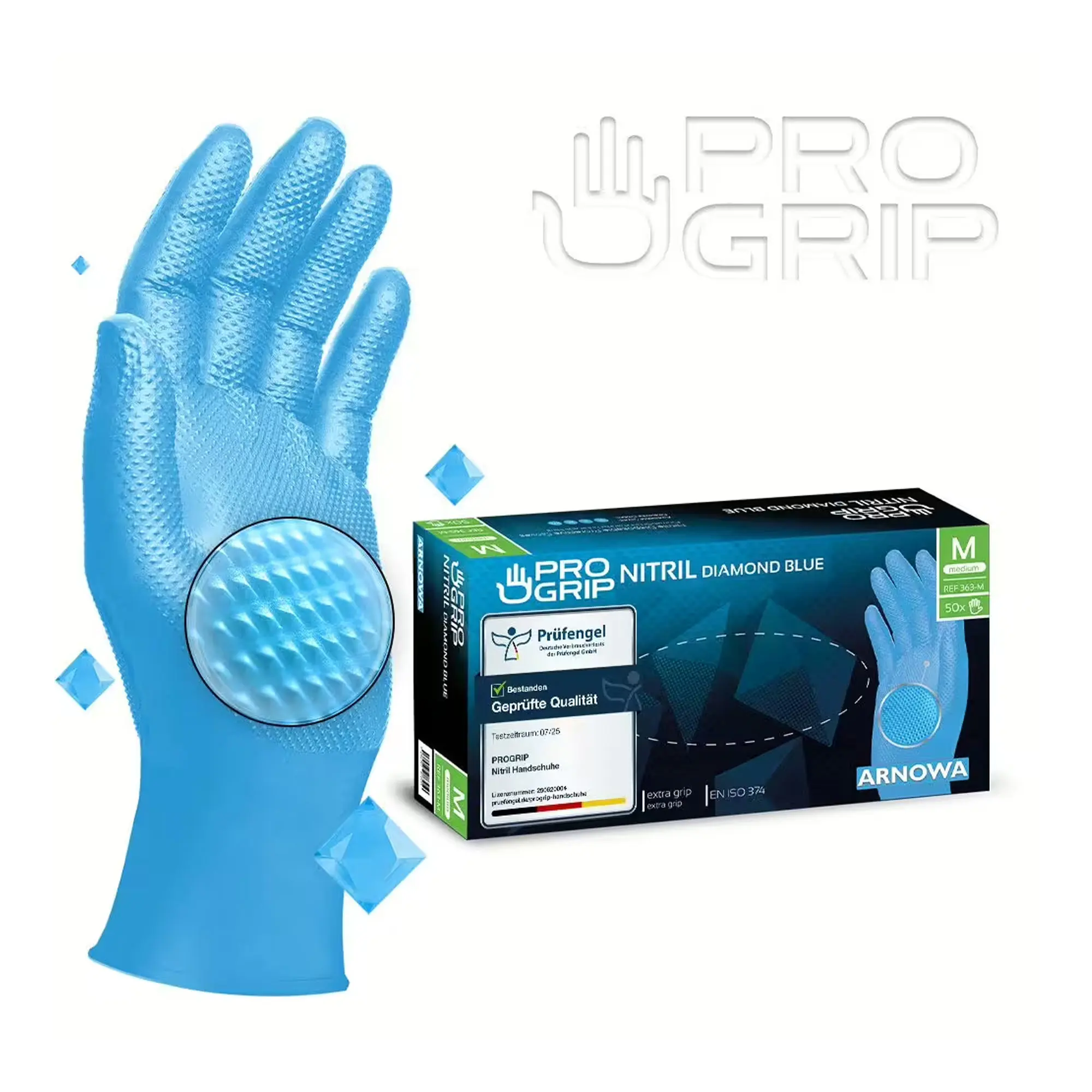 PRO GRIP Nitril Diamond Blue Einweghandschuhe Größe M, blaue latexfreie Nitrilhandschuhe mit Diamond-Grip-Struktur für sicheren Halt, Box mit 50 Stück von ARNOVA