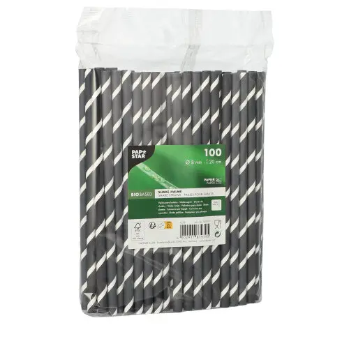 PAPSTAR Shake-Halme, Papier Ø 8 mm, 20 cm schwarz/weiß „Stripes“, FSC-zertifizierte Papiertrinkhalme im 100er-Beutel, umweltfreundlich für Cocktails, Shakes und Erfrischungsgetränke, Hersteller PAPSTAR