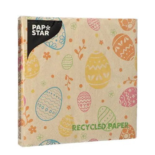 PAPSTAR Servietten, 3-lagig 1/4-Falz 33 x 33 cm natur "Eggs" aus recyceltem Papier mit buntem Ostereier-Motiv, 15 x 20 Stück