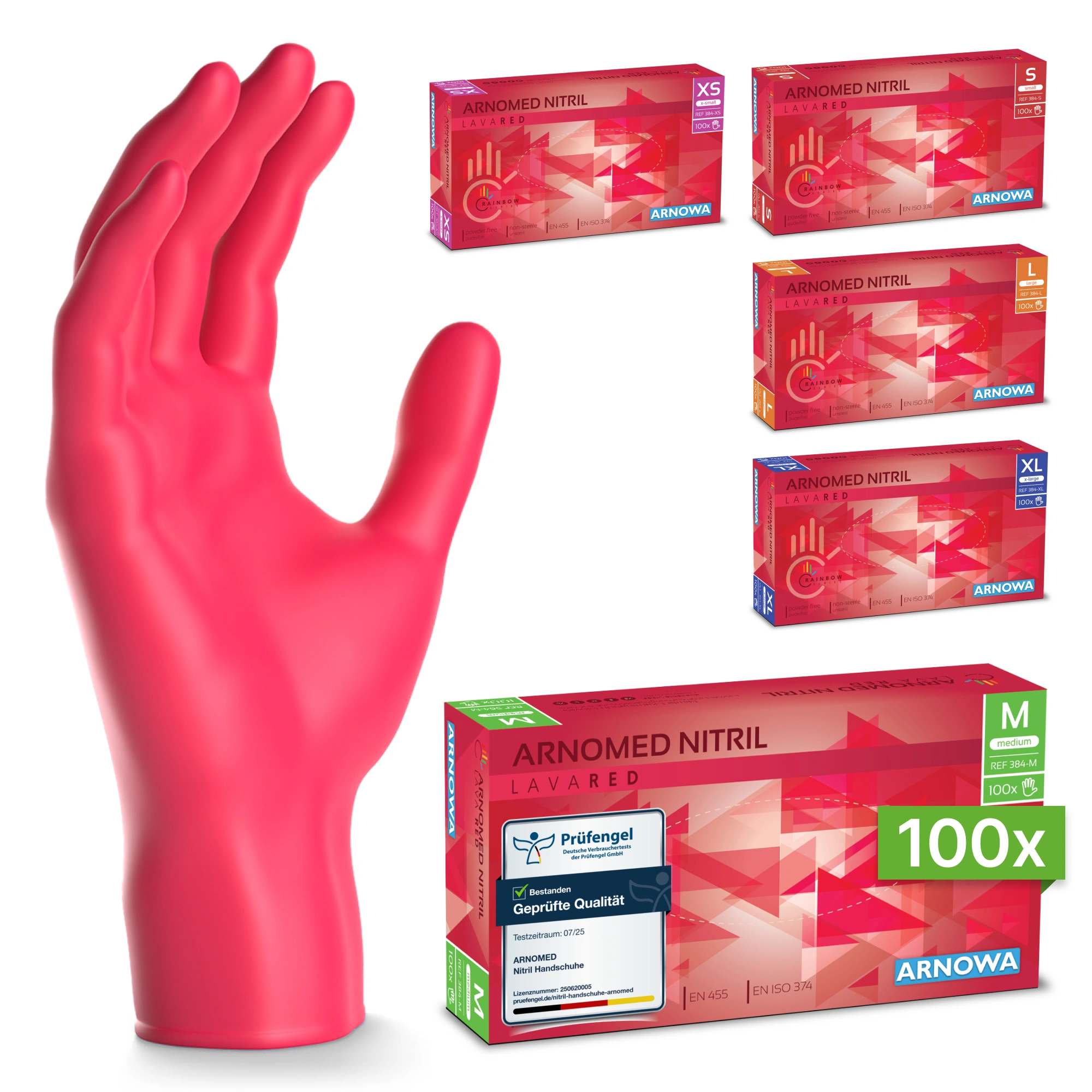 ARNOMED RAINBOW NITRIL LAVA RED Nitrilhandschuhe rot puderfrei aus Nitril, latexfreie Untersuchungshandschuhe für Medizin, Pflege, Labor, VE 100 Stück