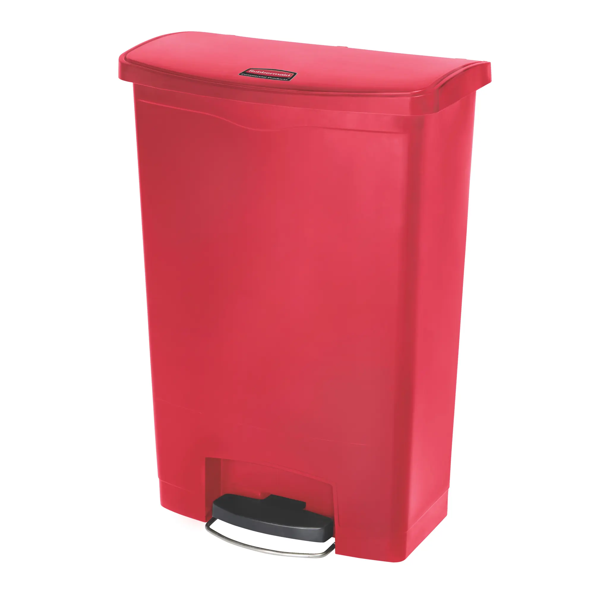 Rubbermaid Slim Jim Step on Abfallbehälter 90 Liter Front Step in Rot mit stabilem Fußpedal und geräuscharm schließendem Deckel