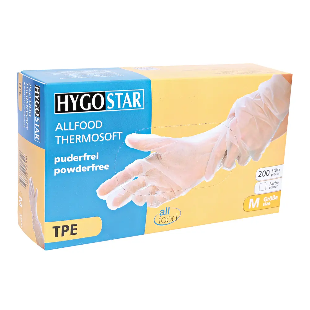 Hygostar Allfood Thermosoft TPE-Handschuhe transparent, puderfreie Einmalhandschuhe für hygienische Arbeiten in Lebensmittelindustrie, Medizin und Labor, VE 2000 Stück