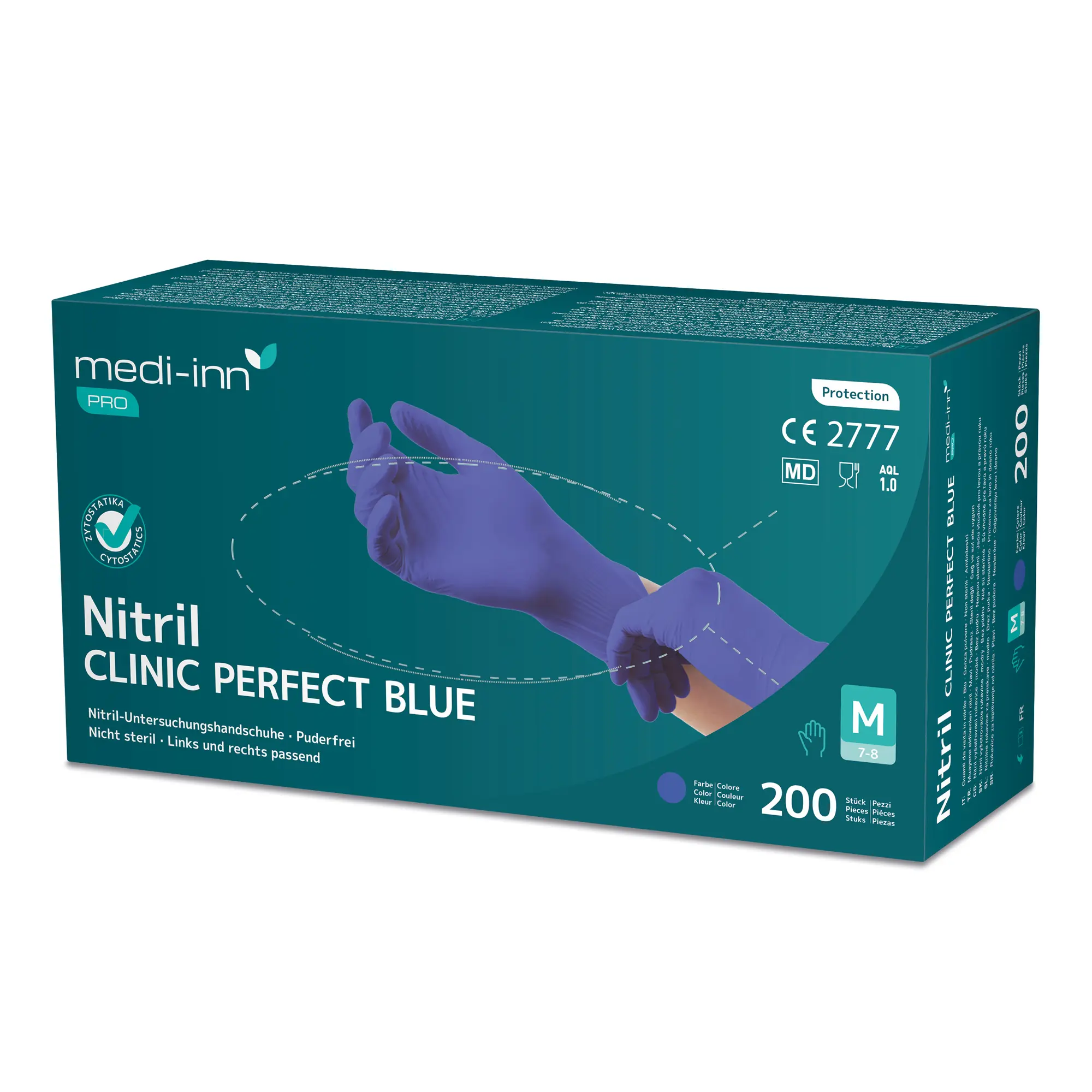 Medi-Inn Einmalhandschuhe Clinic Perfect Blue Nitril puderfrei, VE 2000 Stück, blaue Nitril-Untersuchungshandschuhe für Medizin, Labor und Pflege, nicht steril, beidhändig tragbar, Größe M