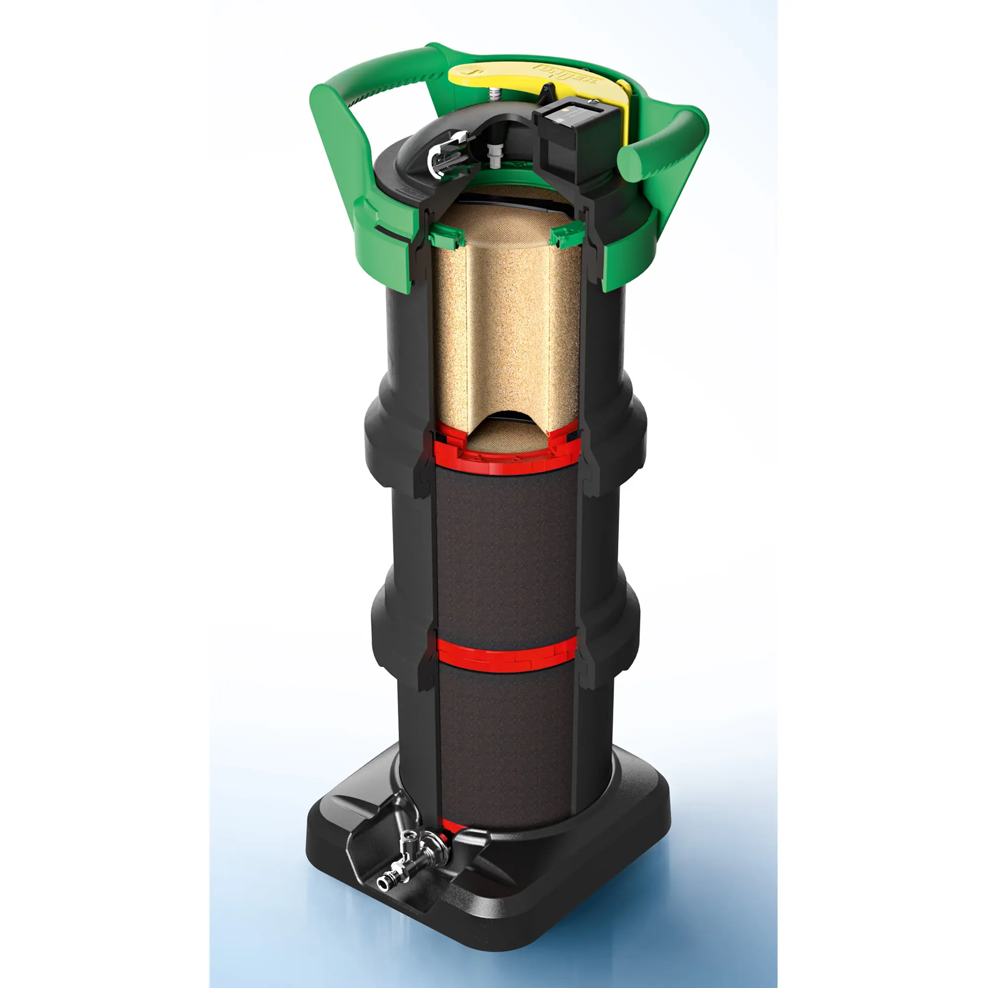 Unger HydroPower Ultra DI-Reinwasser-Filter von Unger, Schnittmodell des Reinwassersystems mit Harzbeuteln und Filtertank für professionelle Glasreinigung