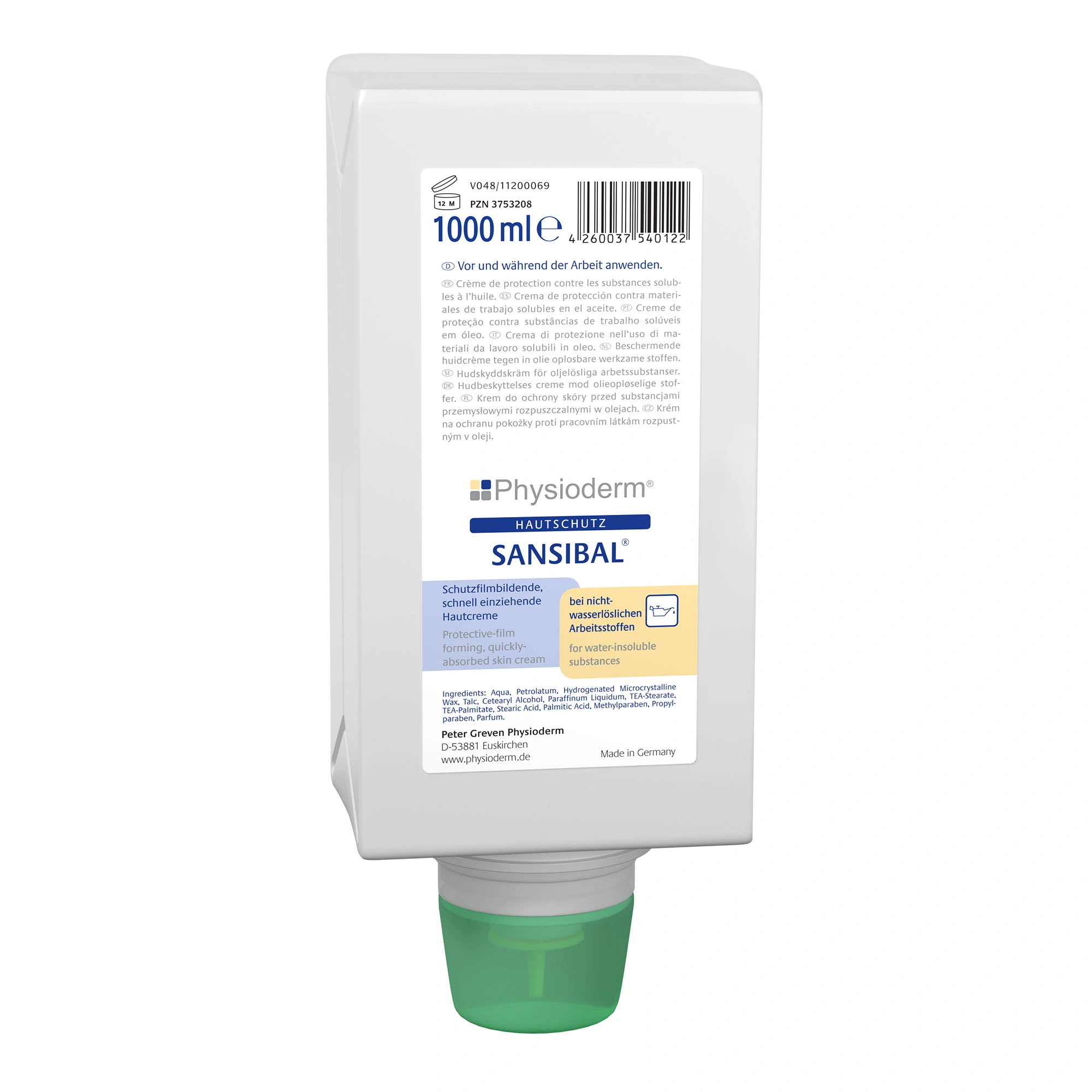 Physioderm Sansibal Hautschutzcreme Typ O/W 1000 ml von Physioderm, wasserlösliche Hautschutzcreme gegen Öle, Fette, Harze und nicht wasserlösliche Arbeitsstoffe, Art.-Nr. V04811I200069