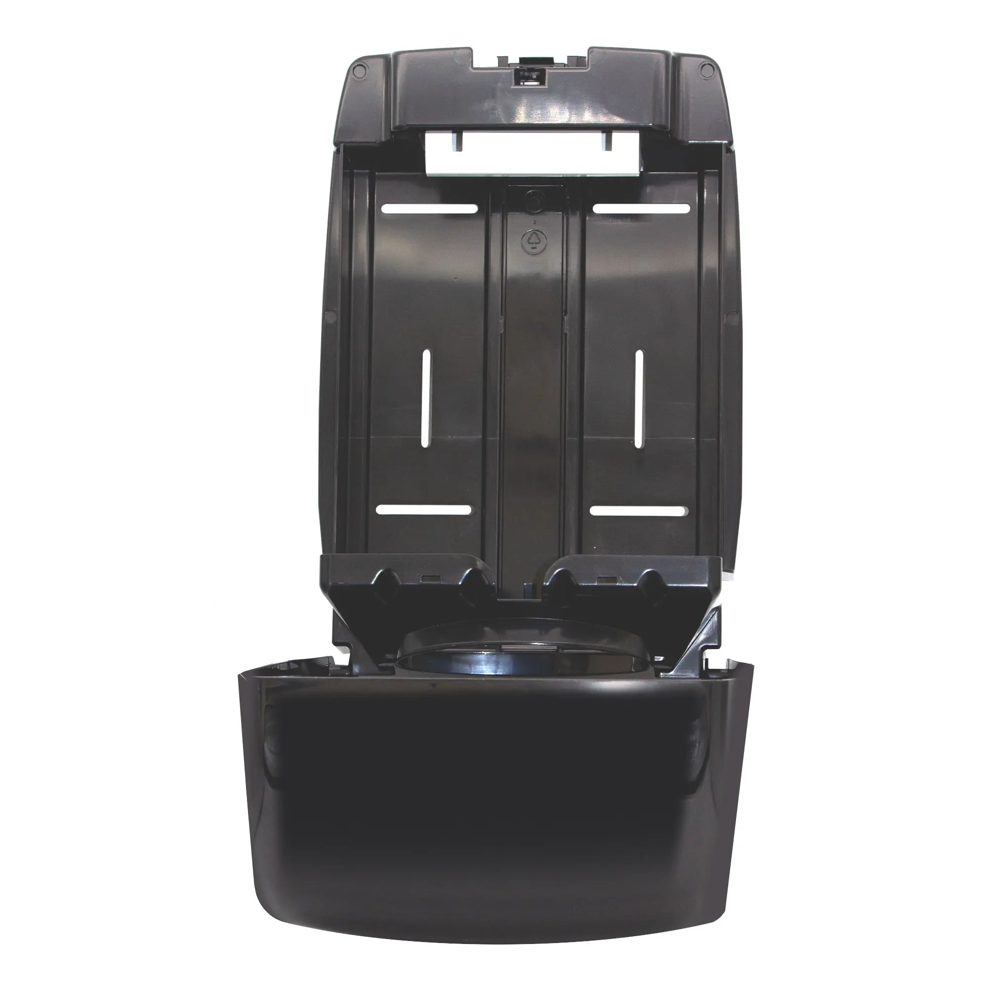 Kimberly-Clark Aquarius 6945, 7171 Papierhandtuchspender Interfold in schwarzer Ausführung, geöffnet zur Befüllung mit Falthandtüchern, Art.-Nr. 6945-7171