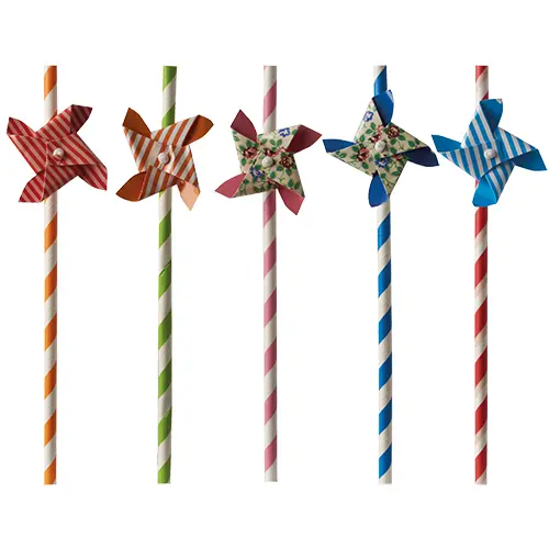 PAPSTAR Trinkhalme, Papier Ø 6 mm, 20 cm farbig sortiert Windmill mit kleinen Windrädern für Cocktails und Partys, Art.-Nr. 87781