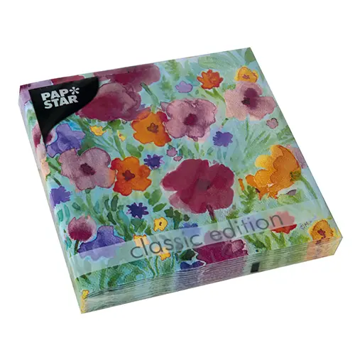 PAPSTAR Servietten, 3-lagig 1/4-Falz 33 cm x 33 cm "Flower Field" mit farbenfrohem Blumenmuster, umweltfreundliche FSC-Tissue-Servietten für festliche Tafel, Artikel 88083