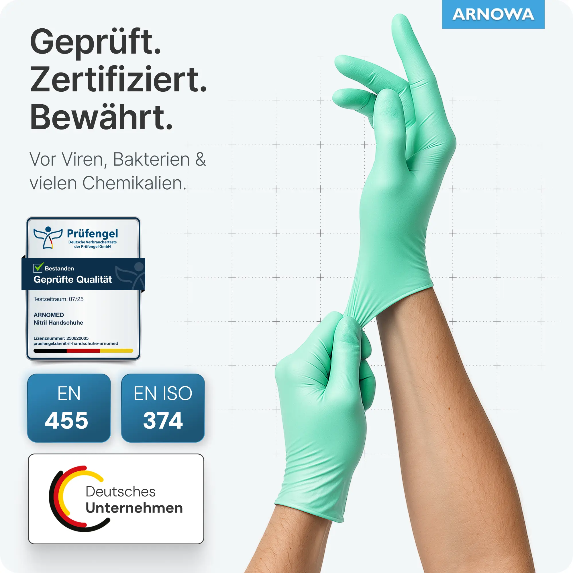 ARNOMED RAINBOW NITRIL PEPPERMIINT GREEN Nitrilhandschuhe mintgrün, puderfreie, latexfreie Einmalhandschuhe für Medizin, Pflege und Labor, zertifiziert nach EN 455 und EN ISO 374, VE 100 Stück