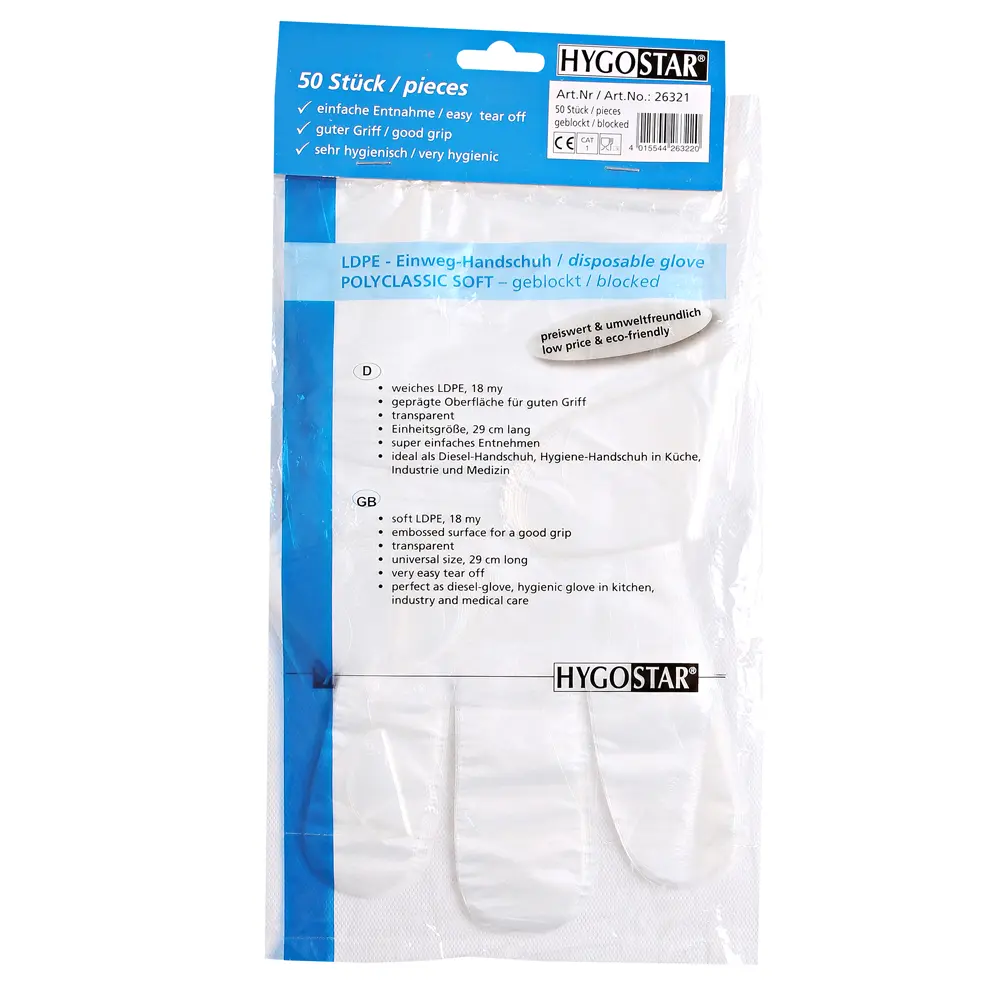 Hygostar Polyclassic Strong LDPE-Handschuhe transparent geblockt aus LDPE, puderfrei, Einmalhandschuhe für hygienische Arbeiten in Medizin, Labor, Gastronomie und Lebensmittelindustrie, VE 5000 Stück, Art.-Nr. 26321