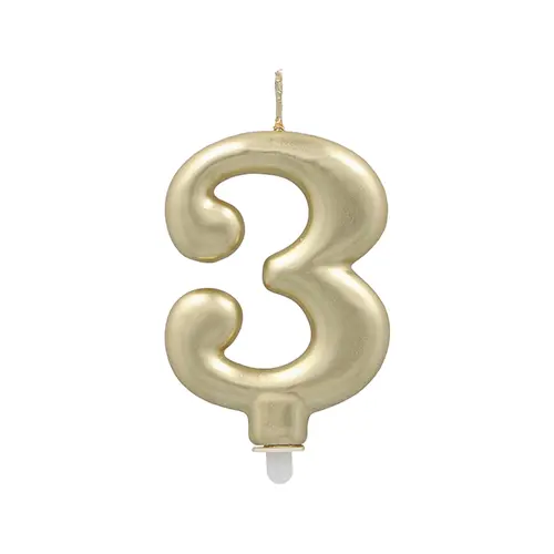 PAPSTAR Zahlenkerze mit Halter 7 cm gold "3" aus Paraffin, raucharm für Geburtstage und Jubiläen, Artikel 37158