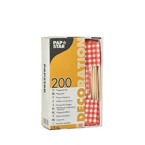 PAPSTAR Deko-Picker 8 cm rot "Vichy Karo" aus Holz, rot-weiß kariert, in Pappbox mit transparenter Haube, ideal für Buffet, Party, Catering & Events, Art.-Nr. 87679
